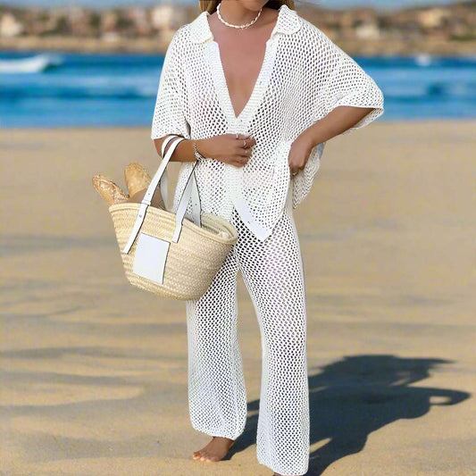 Women's Solid Color Hollow Knitted Beach Swimwear Cover-up Outfit Set - ChoreGirl
