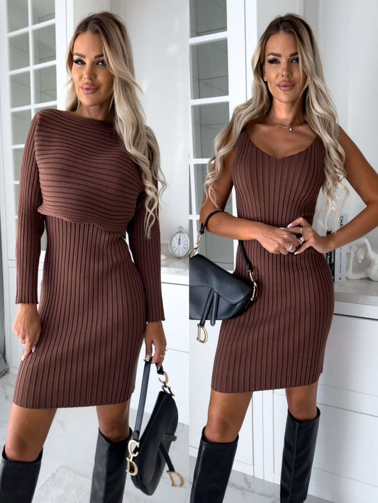 Women's Solid Stripe Long-sleeved Top And Tight Suspender Strap Dress - ChoreGirl