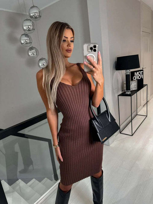 Women's Solid Stripe Long-sleeved Top And Tight Suspender Strap Dress - ChoreGirl