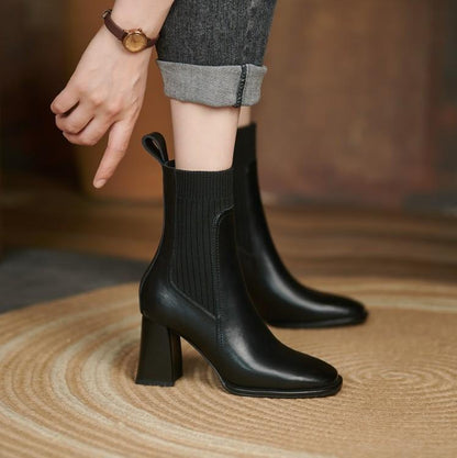 Women's Square Toe Vintage Chunky Heel Knitted Stretch Sock High Heel Ankle Boots - ChoreGirl