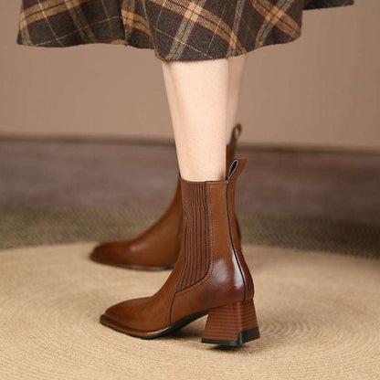 Women's Square Toe Vintage Chunky Heel Knitted Stretch Sock High Heel Ankle Boots - ChoreGirl