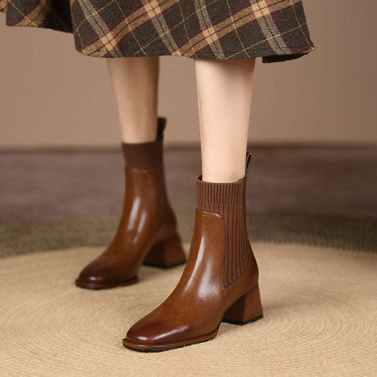 Women's Square Toe Vintage Chunky Heel Knitted Stretch Sock High Heel Ankle Boots - ChoreGirl