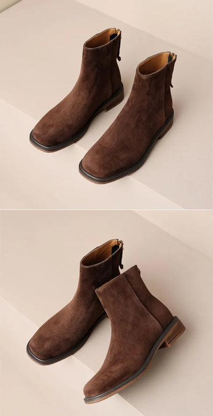 Women's Suede Short Barrel Chunky Heel Boots with Back Zipper - ChoreGirl