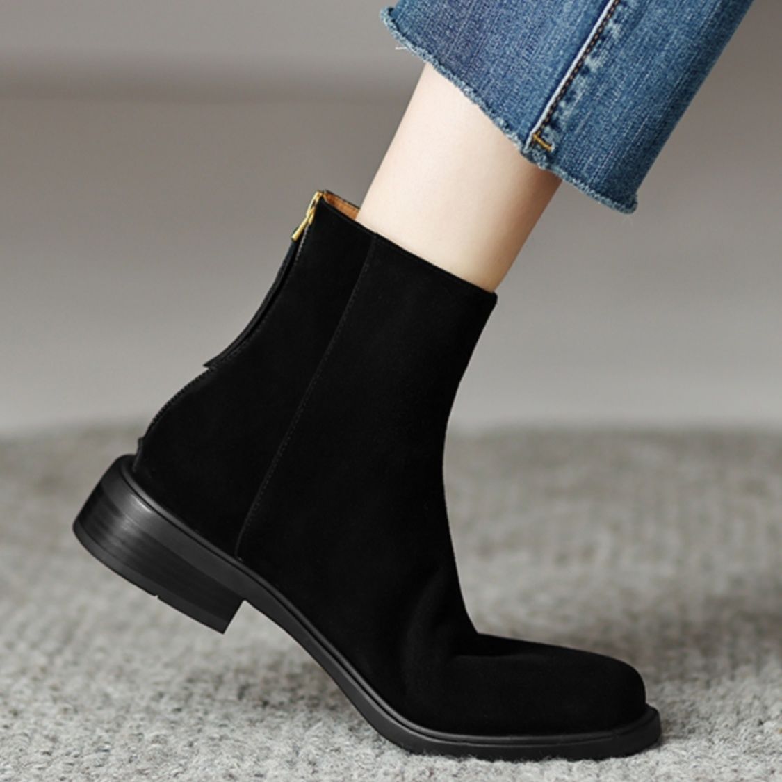 Women's Suede Short Barrel Chunky Heel Boots with Back Zipper - ChoreGirl