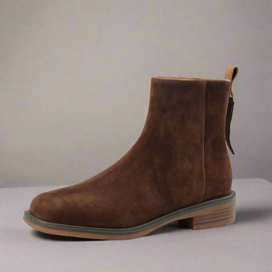 Women's Suede Short Barrel Chunky Heel Boots with Back Zipper - ChoreGirl