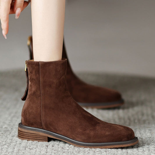 Women's Suede Short Barrel Chunky Heel Boots with Back Zipper - ChoreGirl
