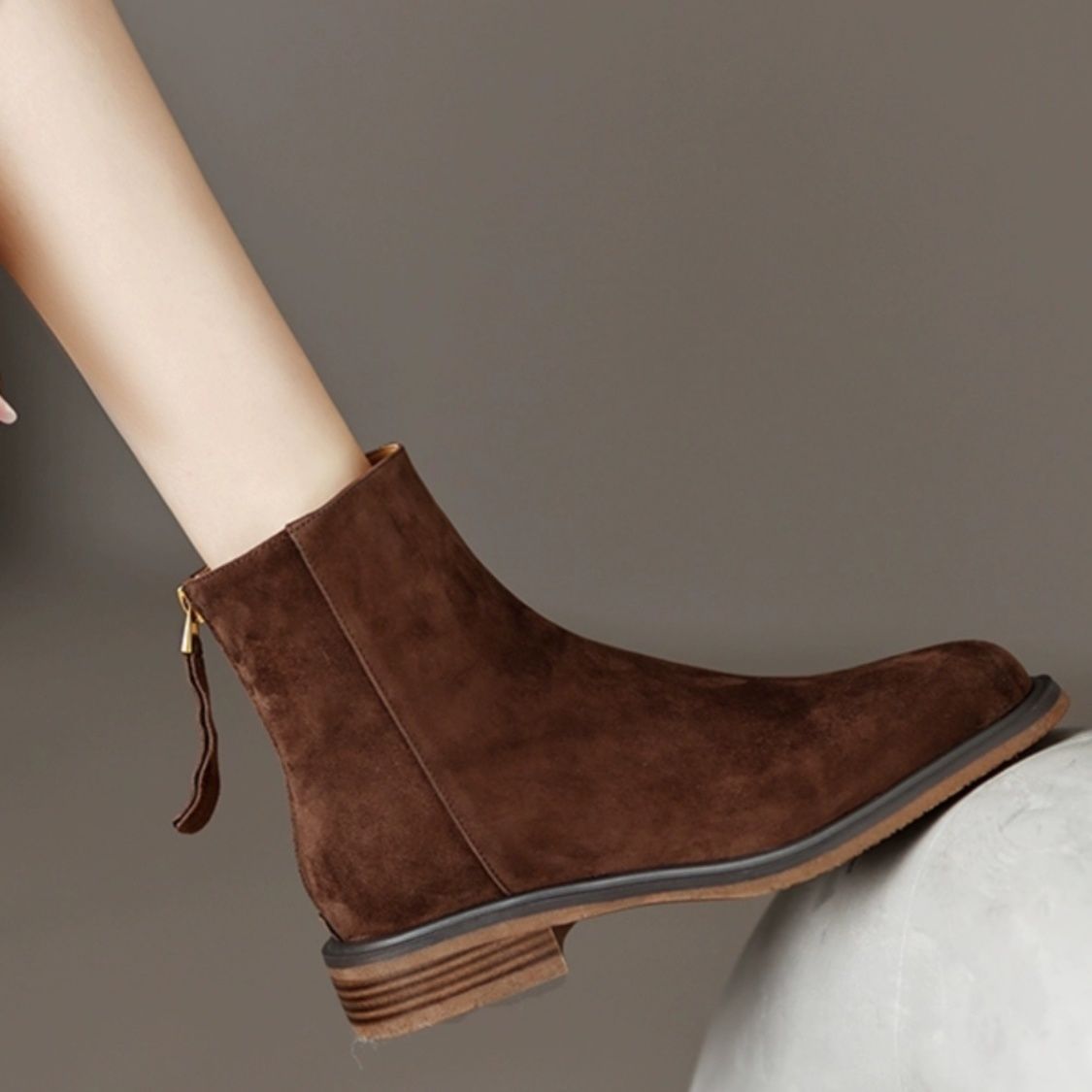 Women's Suede Short Barrel Chunky Heel Boots with Back Zipper - ChoreGirl