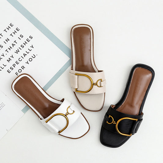 Women's Summer Gold Buckle Detail Flat Sandals - ChoreGirl