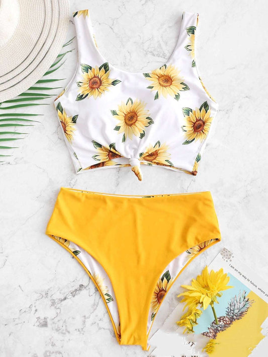 Women's Sunflower Print Two Way Wear Two-piece Swimsuit - ChoreGirl