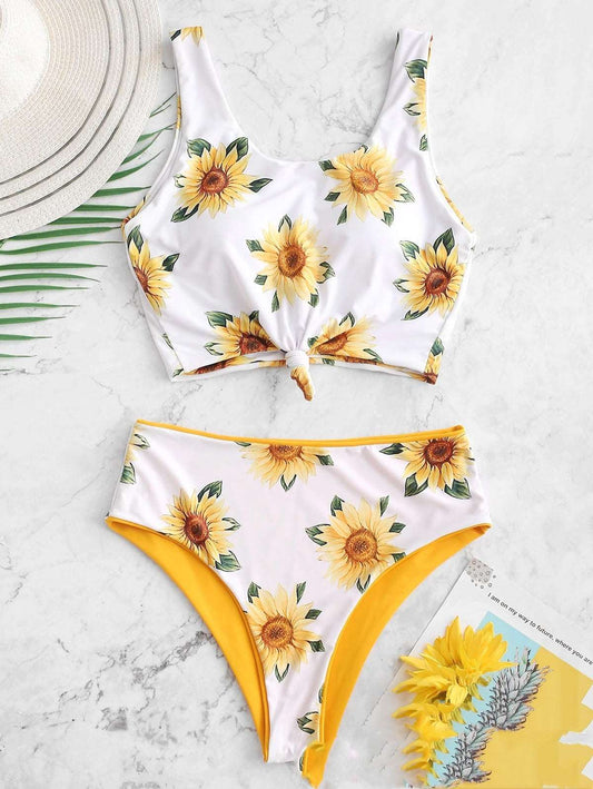 Women's Sunflower Print Two Way Wear Two-piece Swimsuit - ChoreGirl
