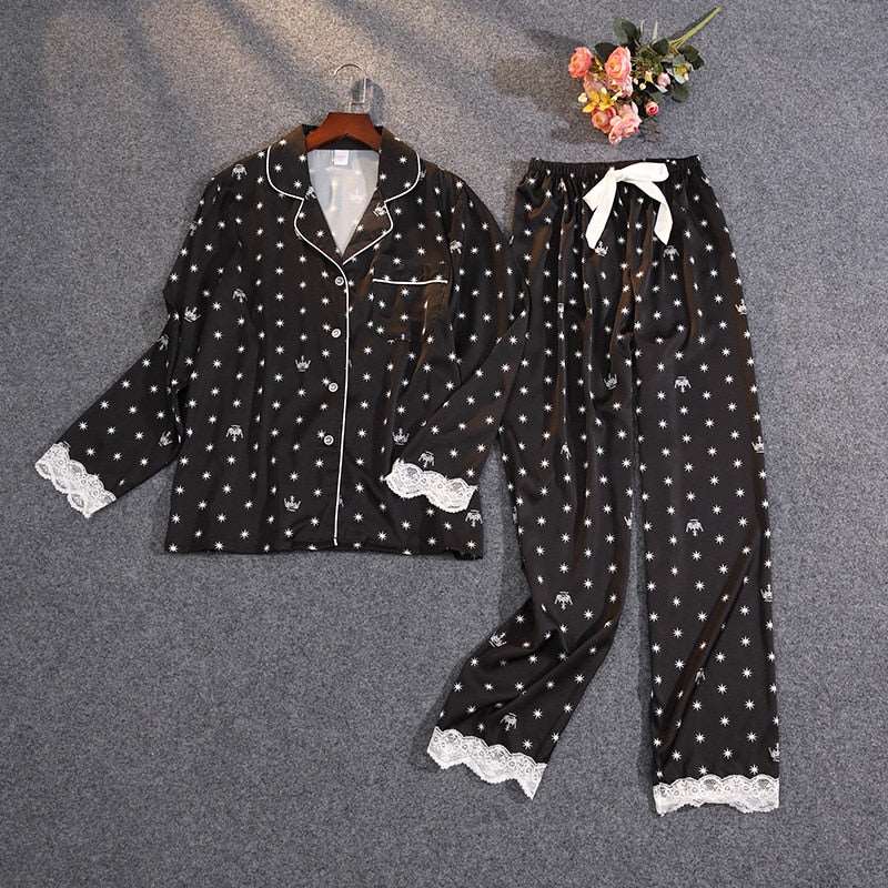 Women's Thin Ice Silk Satin and Lace Two-piece Pajamas Set - ChoreGirl