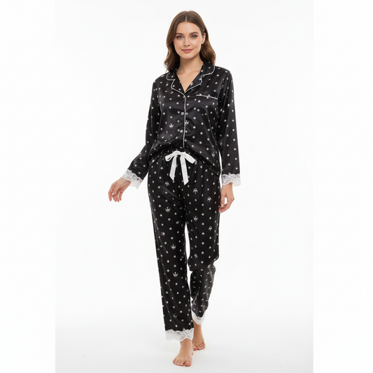 Women's Thin Ice Silk Satin and Lace Two-piece Pajamas Set