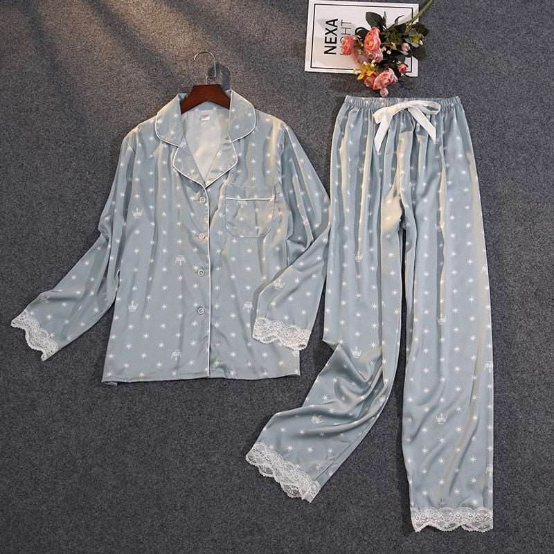 Women's Thin Ice Silk Satin and Lace Two-piece Pajamas Set - ChoreGirl