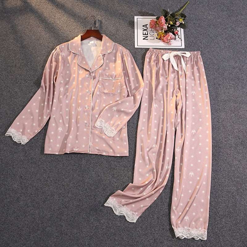 Women's Thin Ice Silk Satin and Lace Two-piece Pajamas Set - ChoreGirl