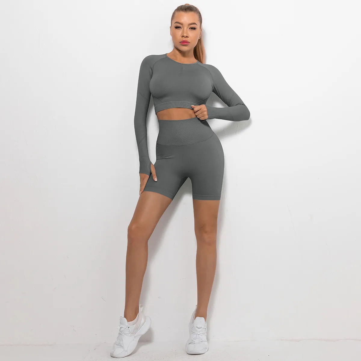 Women's Tight Round Neck Long Sleeved Top and Shorts Sports Active Wear Set - ChoreGirl