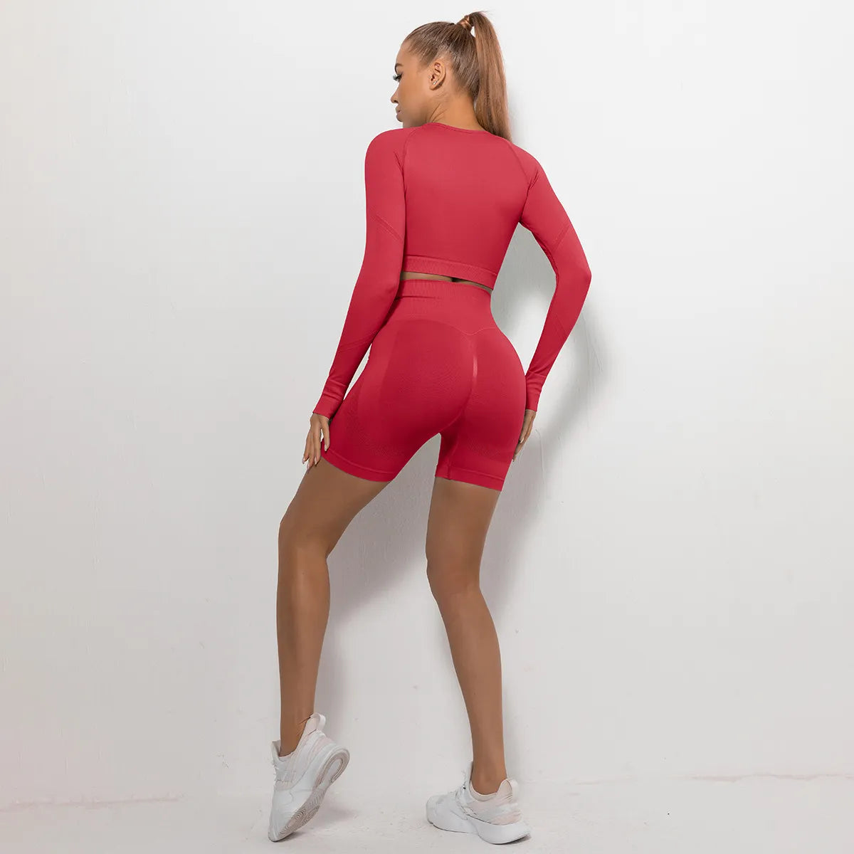 Women's Tight Round Neck Long Sleeved Top and Shorts Sports Active Wear Set - ChoreGirl