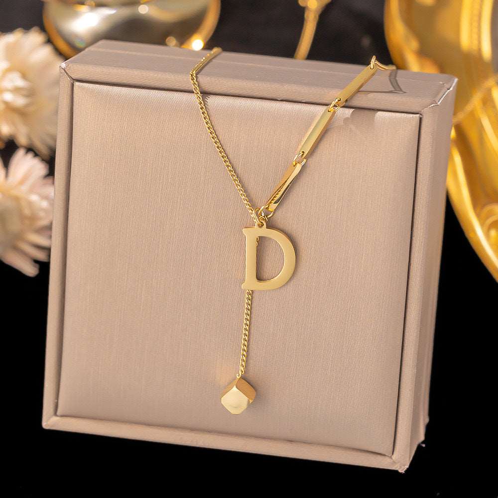 Women's Titanium Steel Graceful Personal Letter and Small Square Pendant Necklace - ChoreGirl