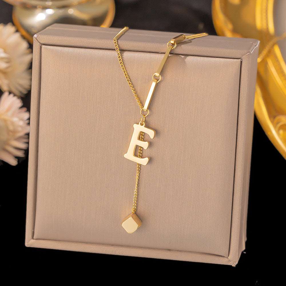 Women's Titanium Steel Graceful Personal Letter and Small Square Pendant Necklace - ChoreGirl