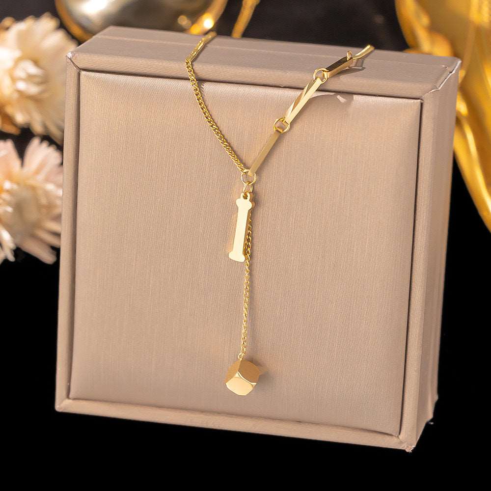 Women's Titanium Steel Graceful Personal Letter and Small Square Pendant Necklace - ChoreGirl
