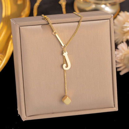 Women's Titanium Steel Graceful Personal Letter and Small Square Pendant Necklace - ChoreGirl