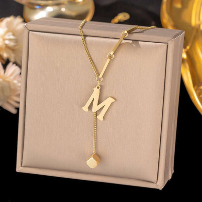 Women's Titanium Steel Graceful Personal Letter and Small Square Pendant Necklace - ChoreGirl