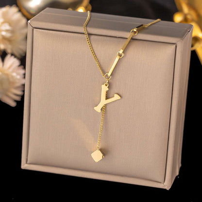 Women's Titanium Steel Graceful Personal Letter and Small Square Pendant Necklace - ChoreGirl