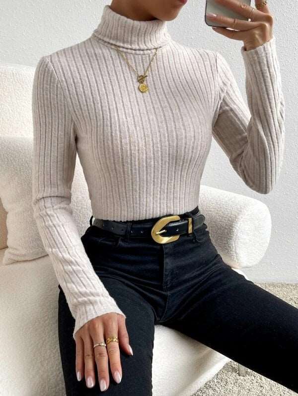 Women's Turtleneck Long-sleeved Striped Knitted Jumper - ChoreGirl