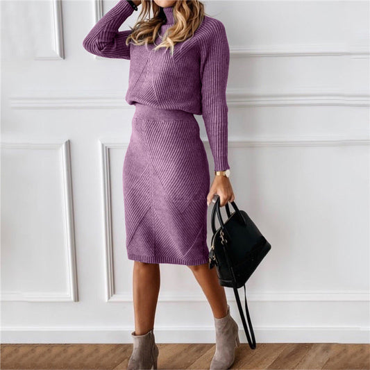 Women's Turtleneck Thickened Knitted Pullover Sweater and Skirt Outfit Set - ChoreGirl