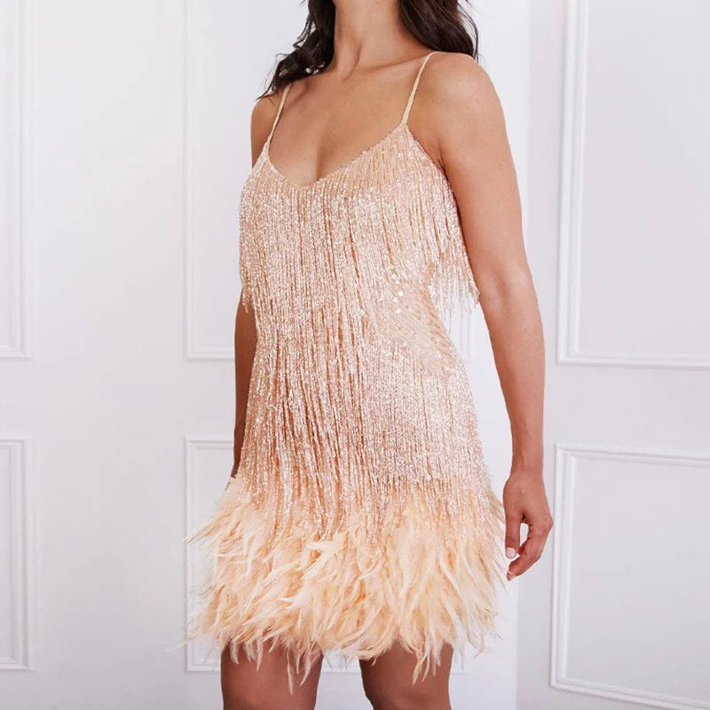 Women's V-Neck Spaghetti Strap Tassel Sequins Feather Party Mini Dress - ChoreGirl