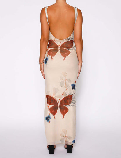 Women's V-neck Backless Butterfly Print Tight Dress - ChoreGirl