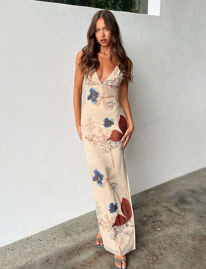 Women's V-neck Backless Butterfly Print Tight Dress - ChoreGirl