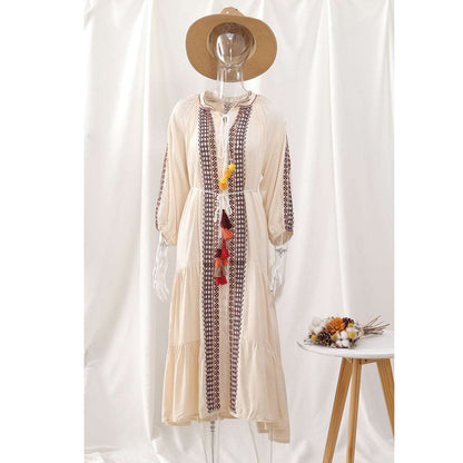 Women's Vintage Boho Beach Hippie Long Sleeve Embroidery Loose Maxi Dress - ChoreGirl