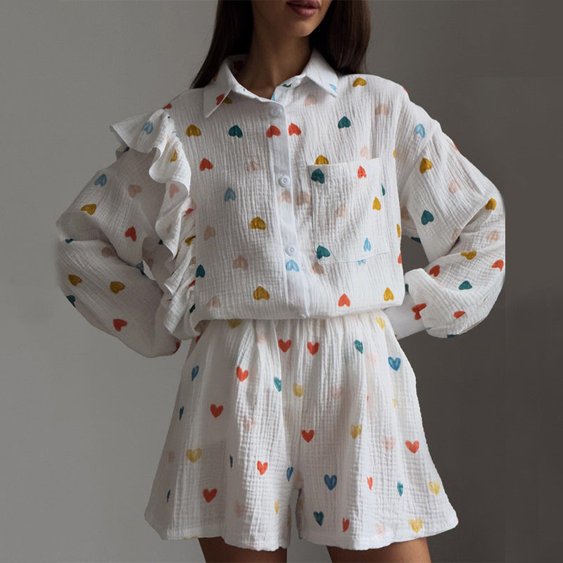 Women's Vintage Boho Heart Pattern Long Sleeved Shirt and Shorts Outfit Set - ChoreGirl