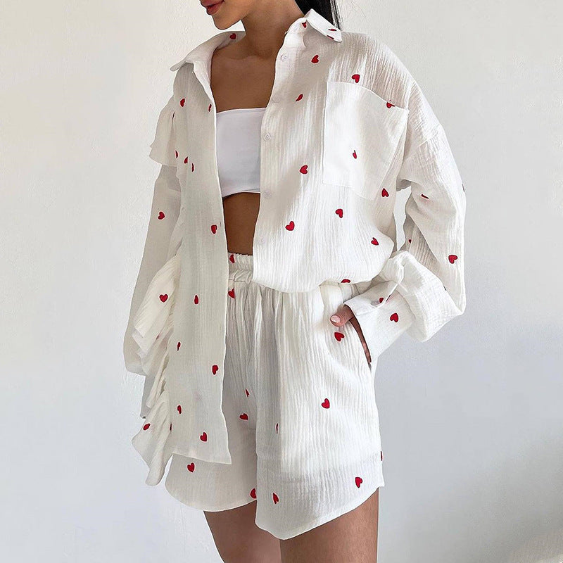 Women's Vintage Boho Heart Pattern Long Sleeved Shirt and Shorts Outfit Set - ChoreGirl