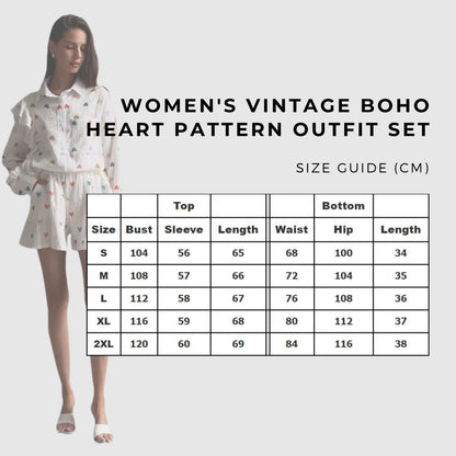 Women's Vintage Boho Heart Pattern Long Sleeved Shirt and Shorts Outfit Set - ChoreGirl