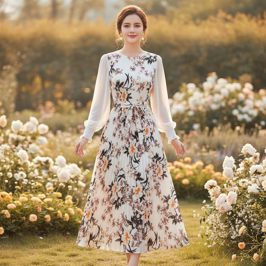 Women's Vintage Floral Pattern Print Long Sleeve Dress with Belt