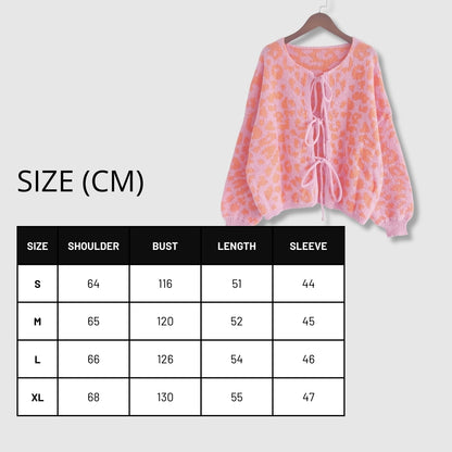 Women's Vintage Look Round Neck Leopard Print Knitted Cardigan with Tie-up Closure - ChoreGirl