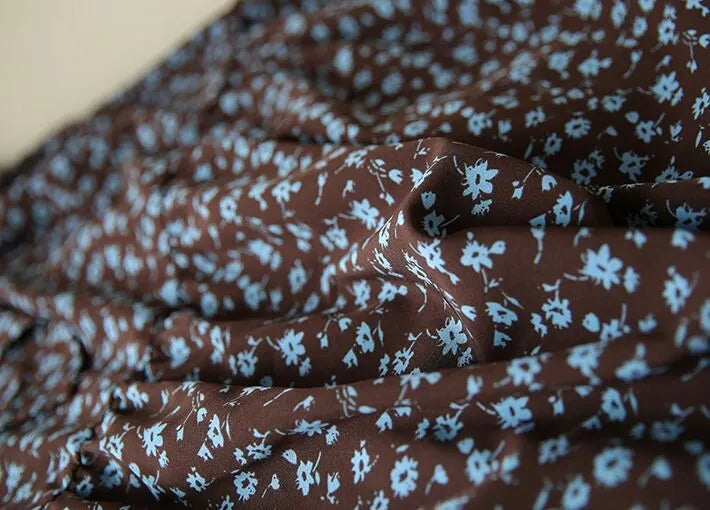 Women's Western Style High Neckline Dark Chocolate Brown Color Dress with Blue Flower Pattern - ChoreGirl
