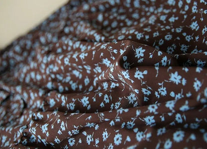 Women's Western Style High Neckline Dark Chocolate Brown Color Dress with Blue Flower Pattern - ChoreGirl