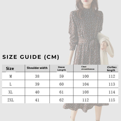 Women's Western Style High Neckline Dark Chocolate Brown Color Dress with Blue Flower Pattern - ChoreGirl
