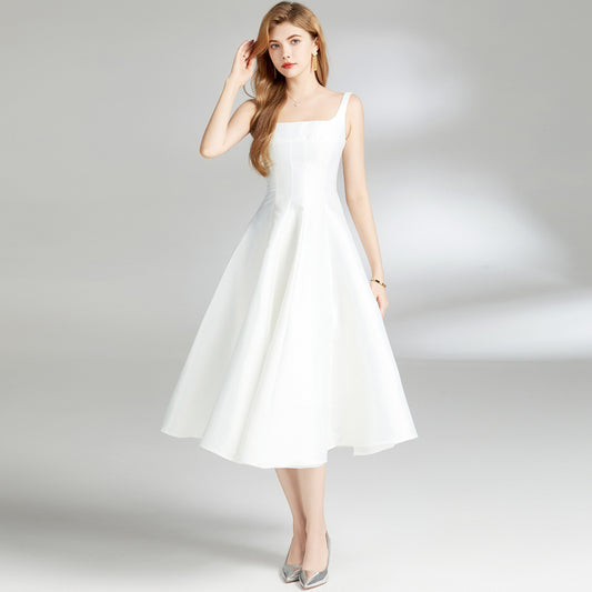 Women's White Waist Sliming Strap Dress - ChoreGirl