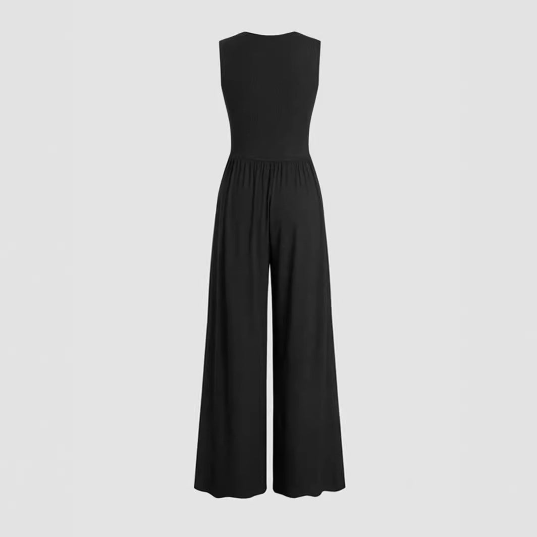 Women's Deep V-neck Pleated Wide Leg Body Shaping Stretch Fabric Jumpsuit - ChoreGirl