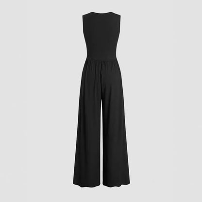 Women's Deep V-neck Pleated Wide Leg Body Shaping Stretch Fabric Jumpsuit - ChoreGirl
