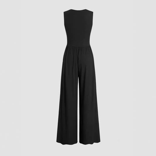 Women's Deep V-neck Pleated Wide Leg Body Shaping Stretch Fabric Jumpsuit - ChoreGirl