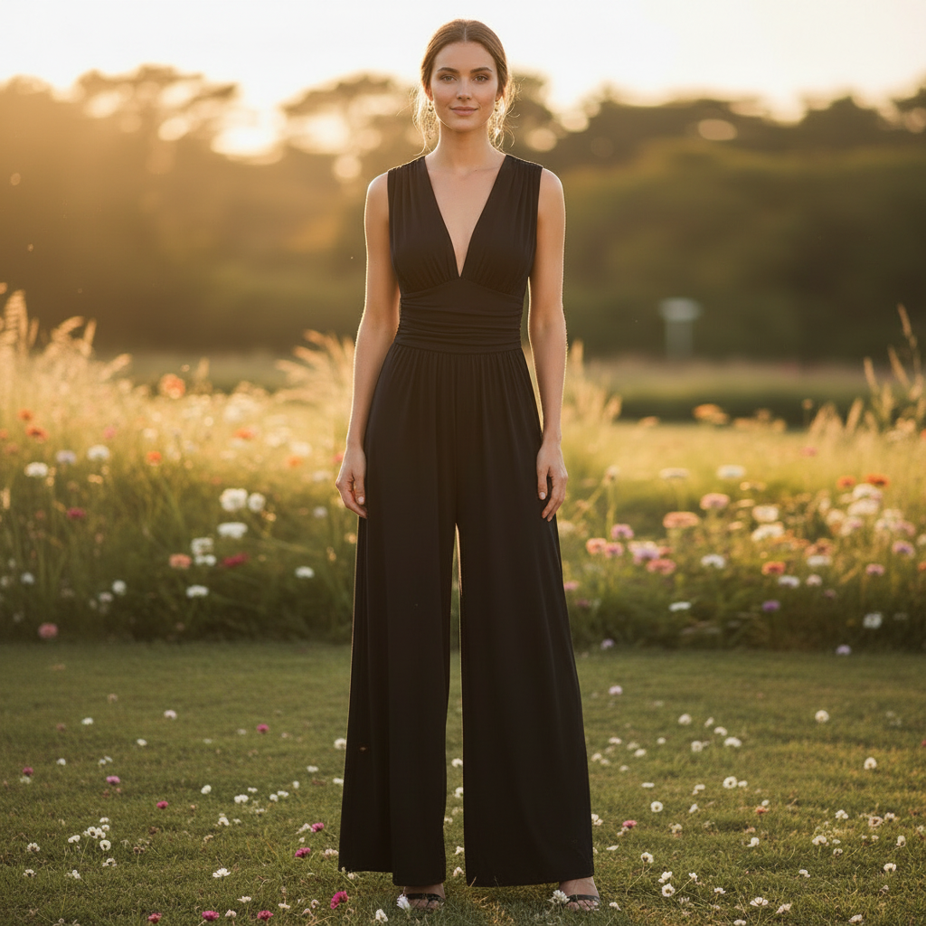 Damen-Jumpsuit mit tiefem V-Ausschnitt und Falten – Weites Bein