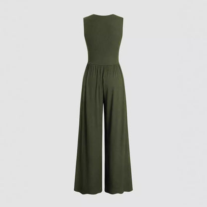 Women's Deep V-neck Pleated Wide Leg Body Shaping Stretch Fabric Jumpsuit - ChoreGirl
