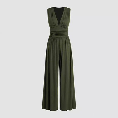 Women's Deep V-neck Pleated Wide Leg Body Shaping Stretch Fabric Jumpsuit - ChoreGirl