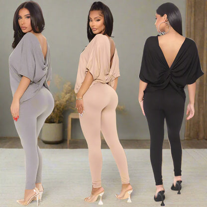Women's Wide Sleeved Twisted Back Top and Leggings Two-piece Loungewear Set - ChoreGirl