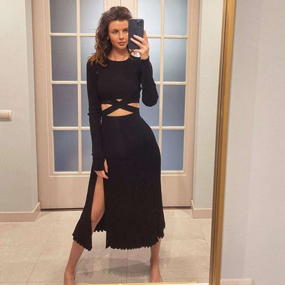 Women's Woolen Knitted Pleated Skirt or Lace-up Top Outfit - ChoreGirl