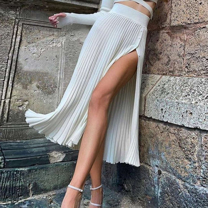 Women's Woolen Knitted Pleated Skirt or Lace-up Top Outfit - ChoreGirl